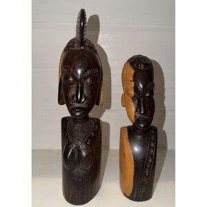 Pair Hand Carved Wood Tribal Sculptures 11" & 9" African Style Figures